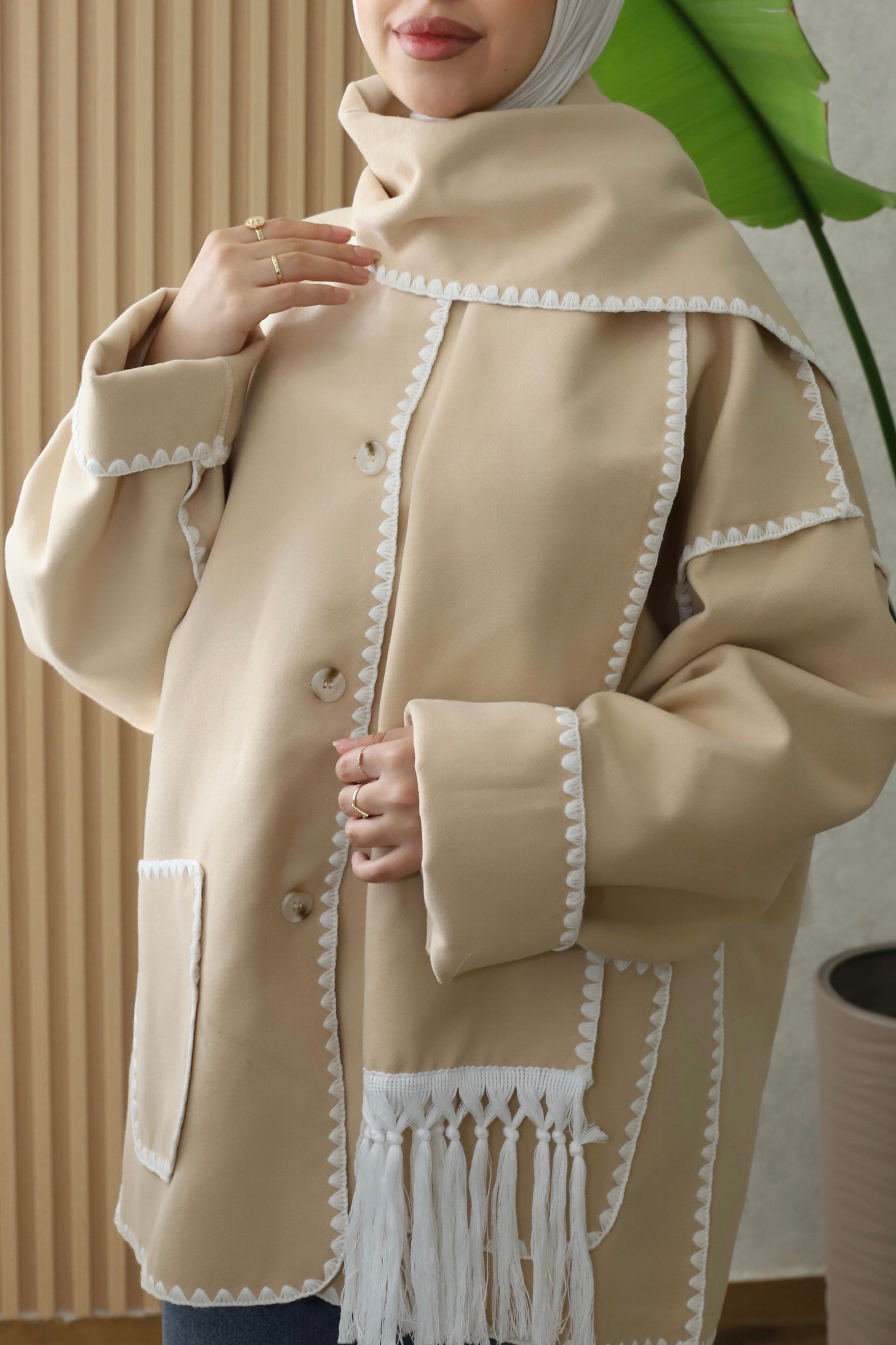 Scarf-Trim Oversized Coat