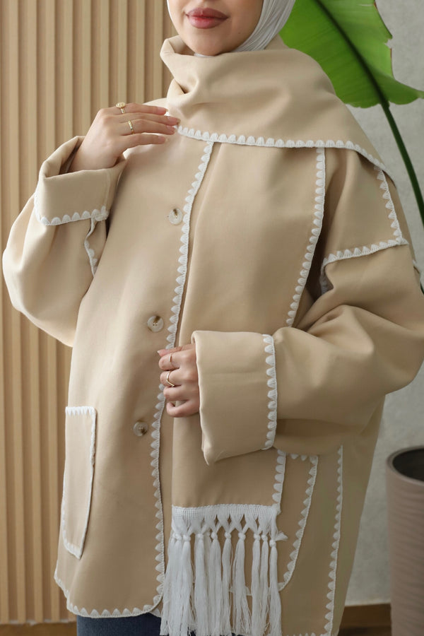 Scarf-Trim Oversized Coat