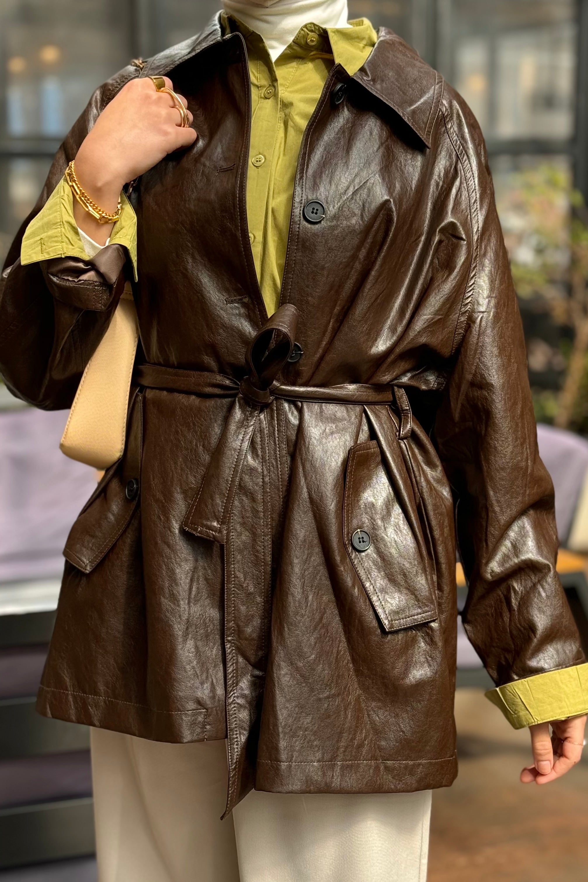 Belted leather jacket