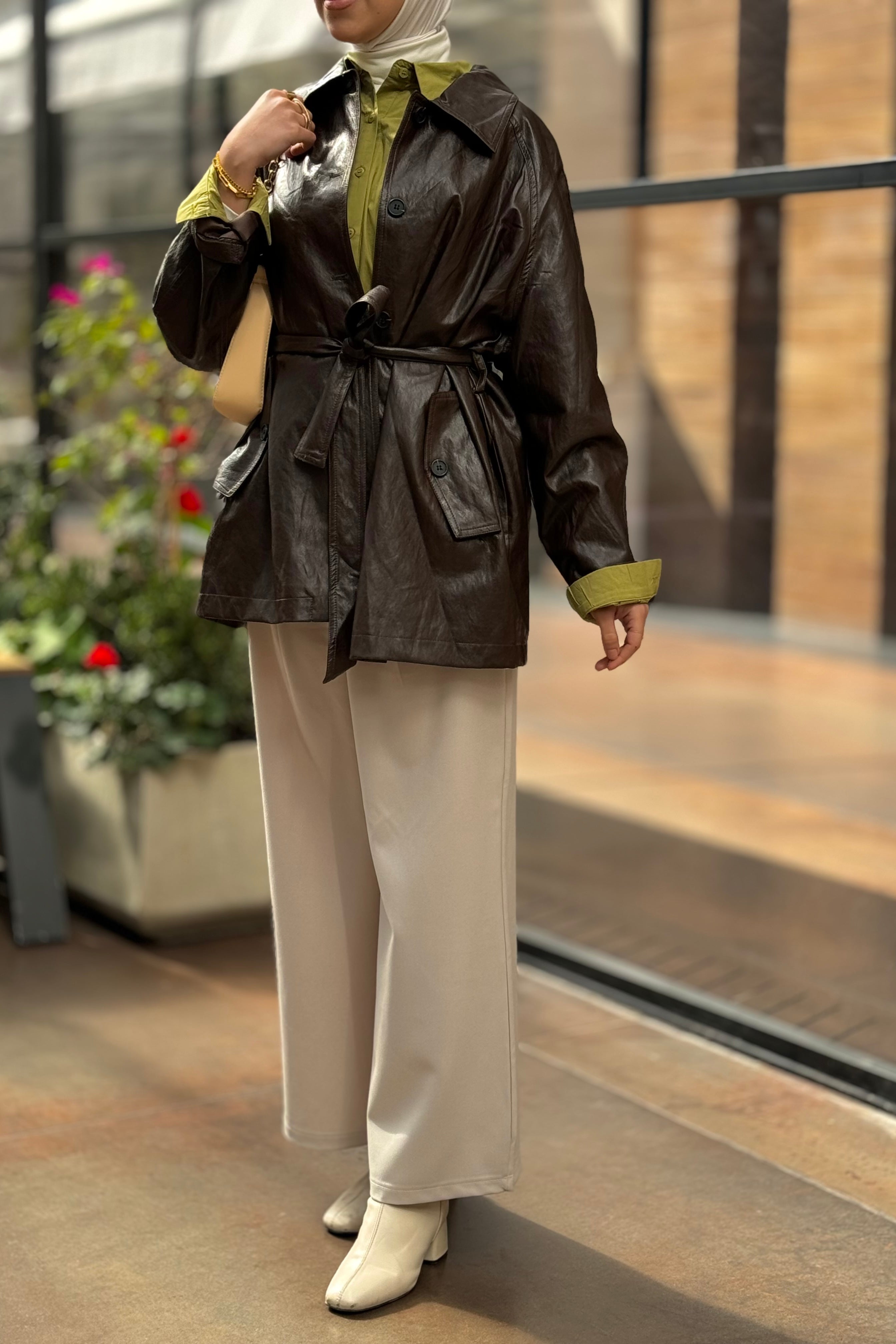 Belted leather jacket